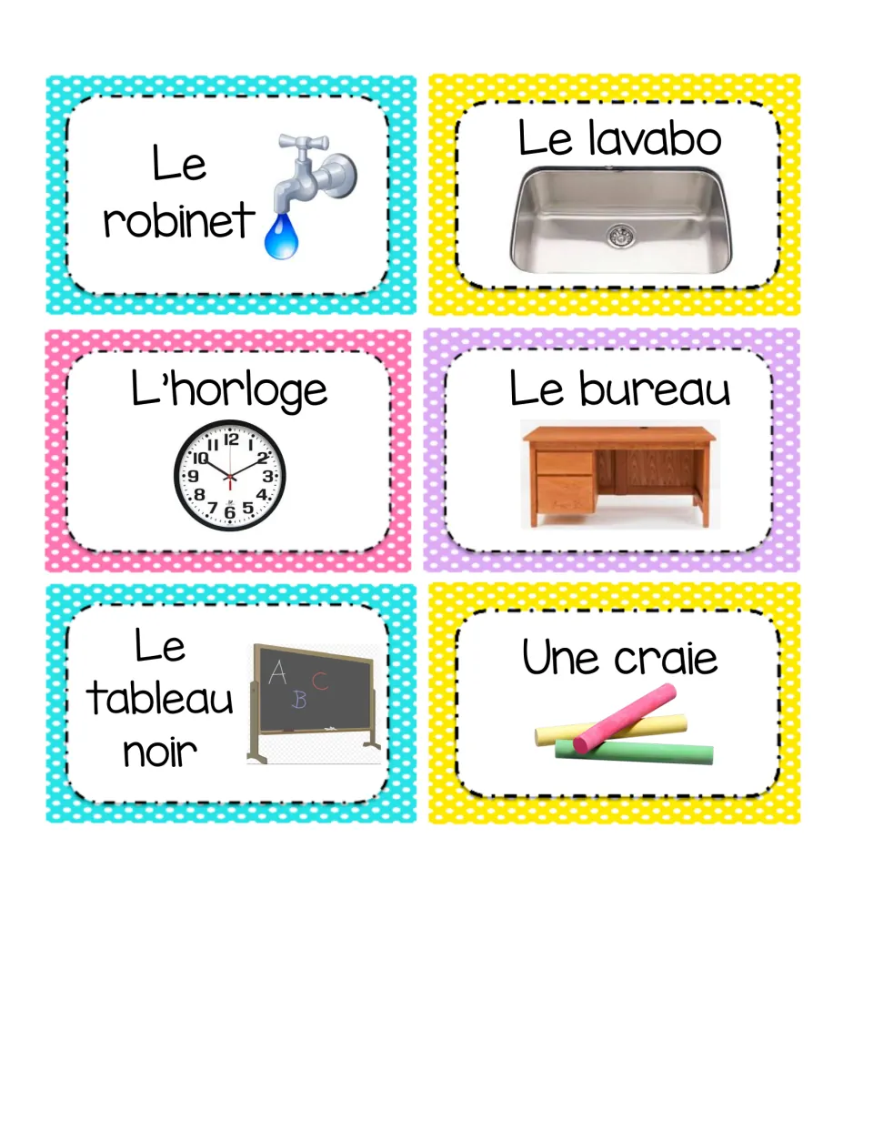 French classroom labels 1–6: le robinet (faucet), le lavabo (sink), a clock, desk, blackboard and chalk.