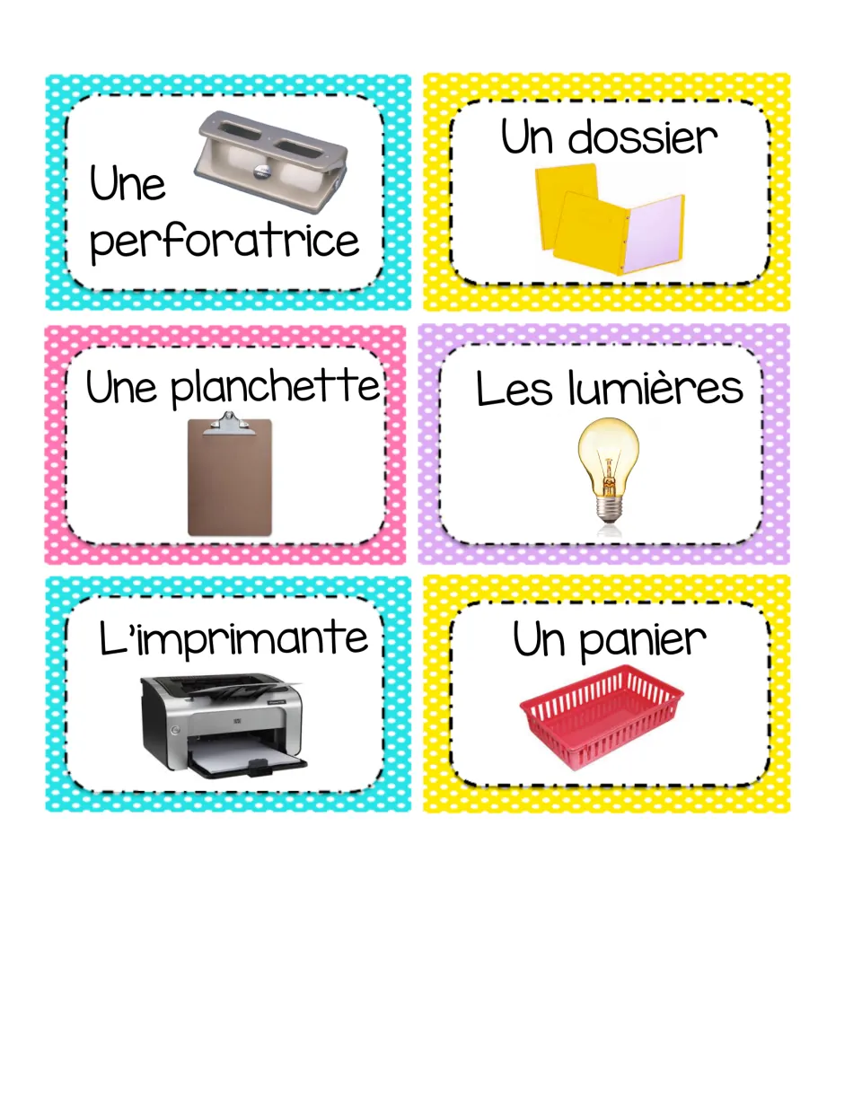 French classroom labels 7–12: un dossier (folder), un panier (basket), hole punch, clipboard, lights and printer.