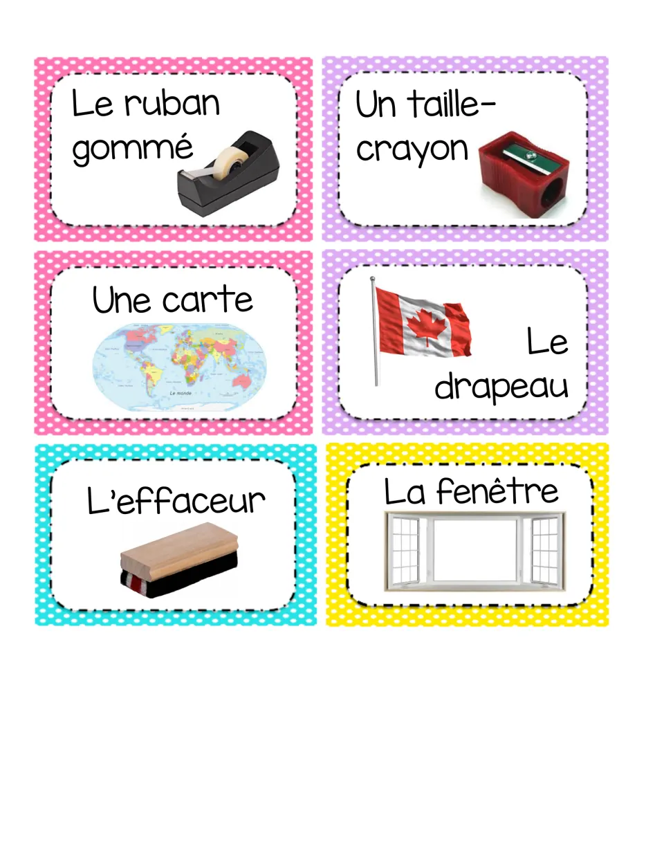 French classroom labels 13–18: une carte (map), le drapeau (flag), tape, pencil sharpener, eraser and window.