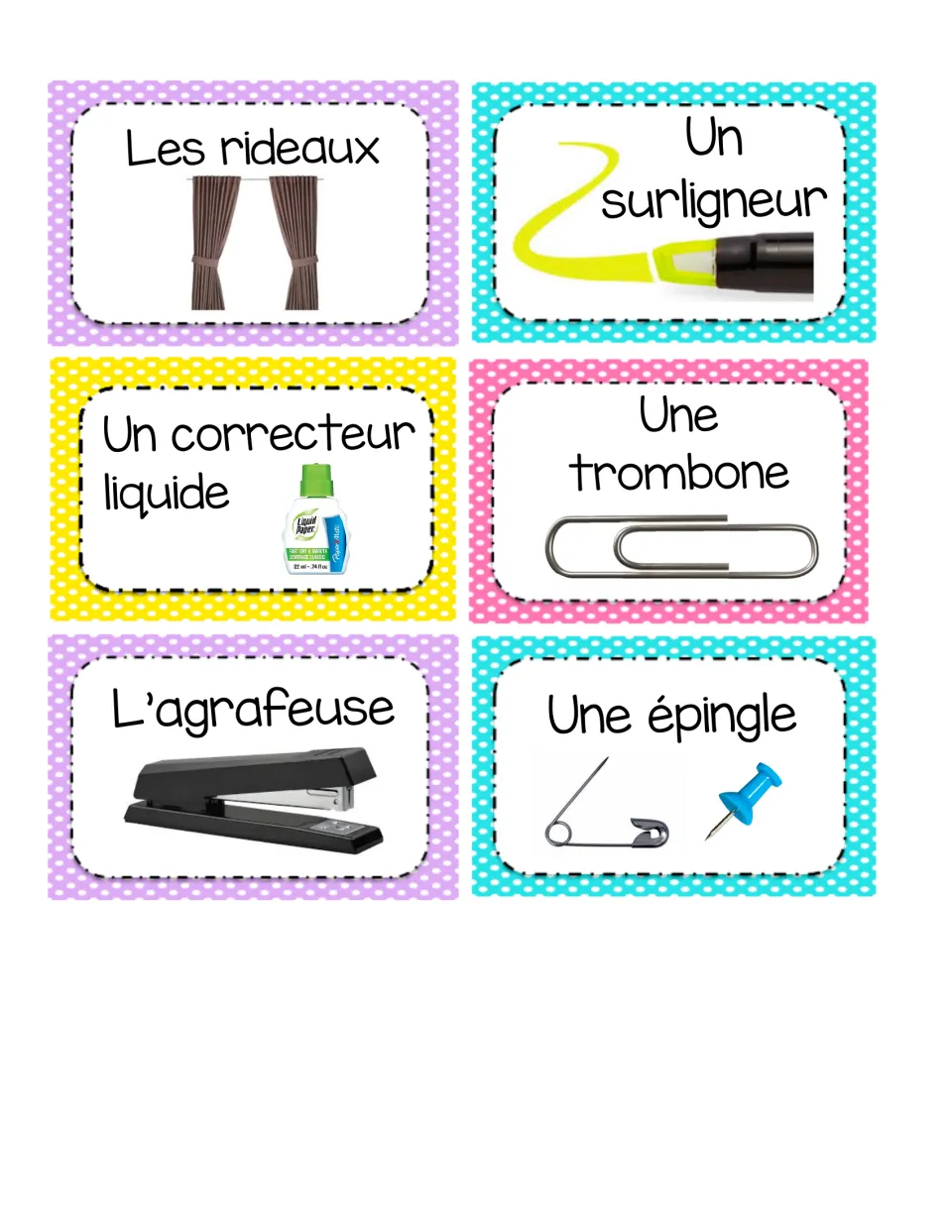 French classroom labels 19–24: les rideaux (curtains), highlighter, correction fluid, paper clip, stapler and pins.