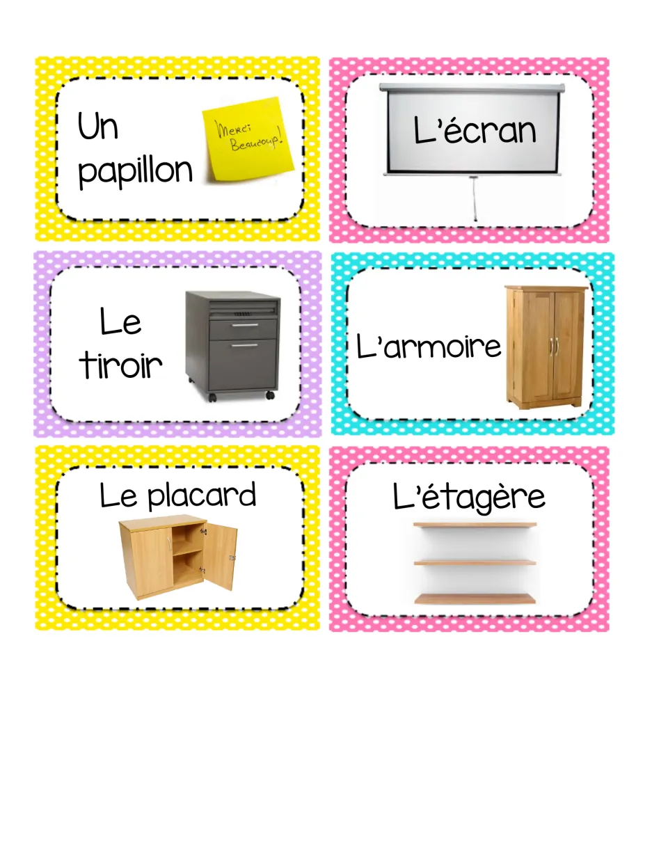 French classroom labels 25–30: l’écran (screen), l’étagère (shelf), sticky note, drawer, wardrobe and cabinet.