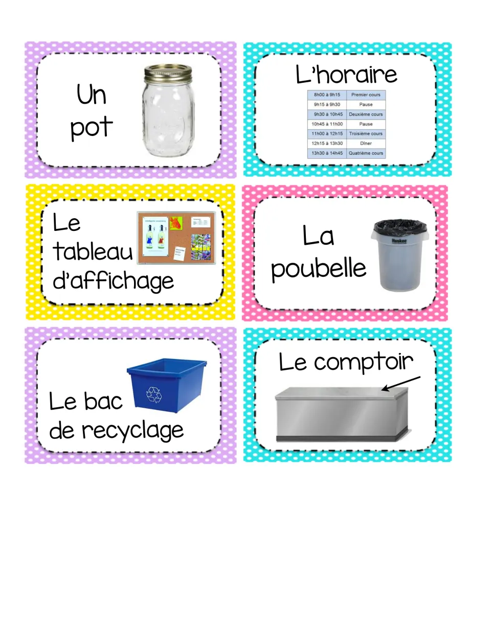 French classroom labels 31–36: un pot (jar), l’horaire (schedule), bulletin board, trash can, recycling bin and counter.