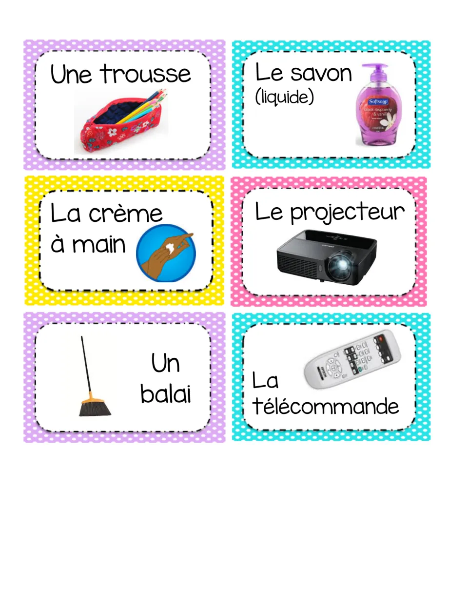 French classroom labels 37–42: une trousse (pencil case), un balai (broom), liquid soap, hand cream, projector and remote.