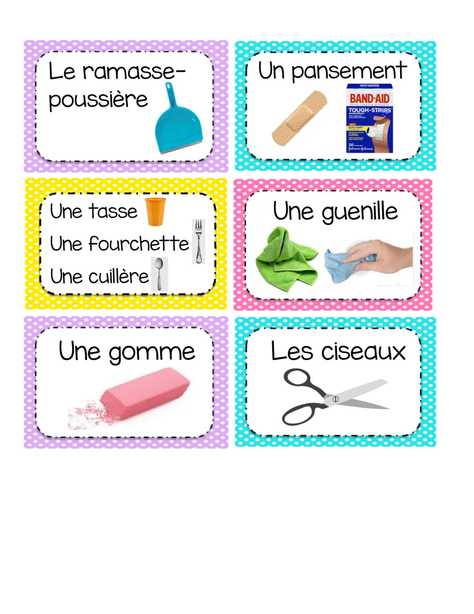 French classroom labels 43–48: une gomme (eraser), dustpan, bandage, cup, fork, spoon, cleaning cloth and scissors.