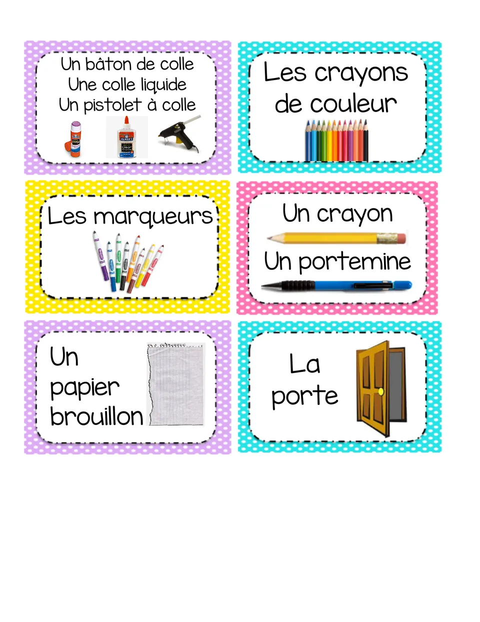 French classroom labels 49–54: la porte (door), glue types, colored pencils, markers, pencils and scrap paper.
