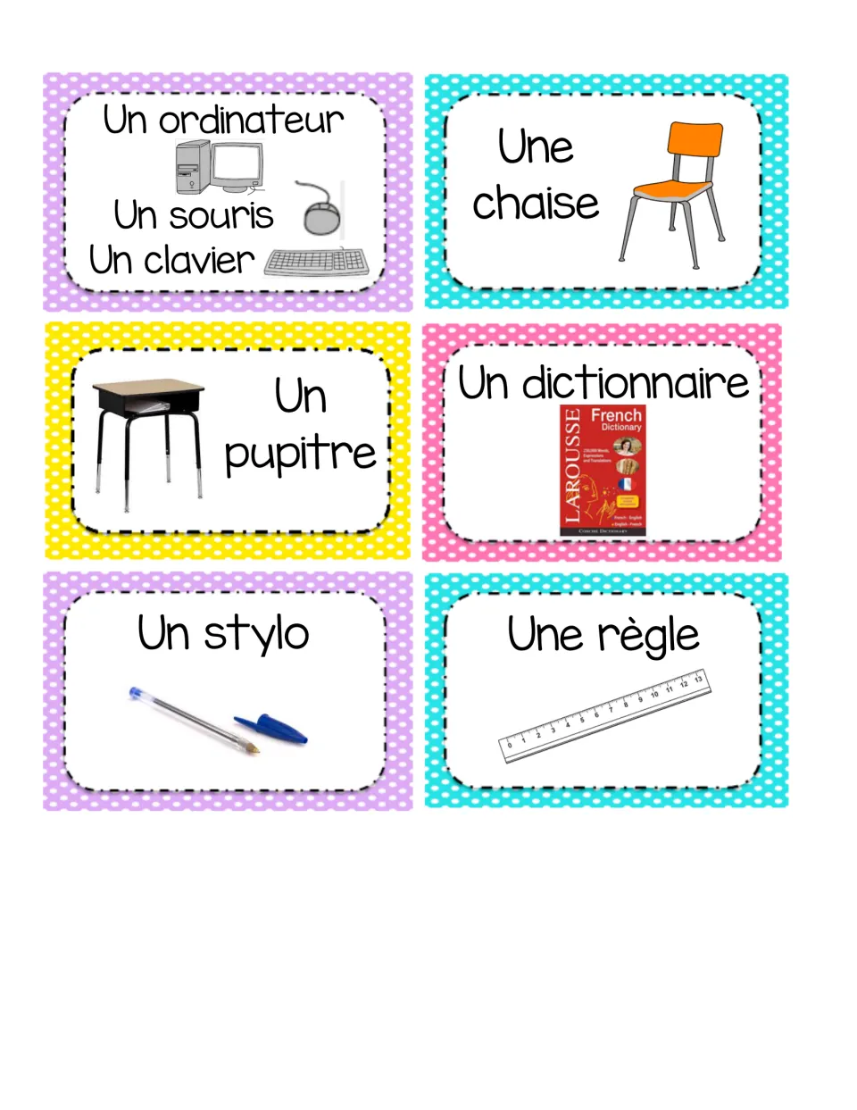 French classroom labels 55–60: une chaise (chair), computer, mouse, keyboard, student desk, dictionary, pen and ruler.