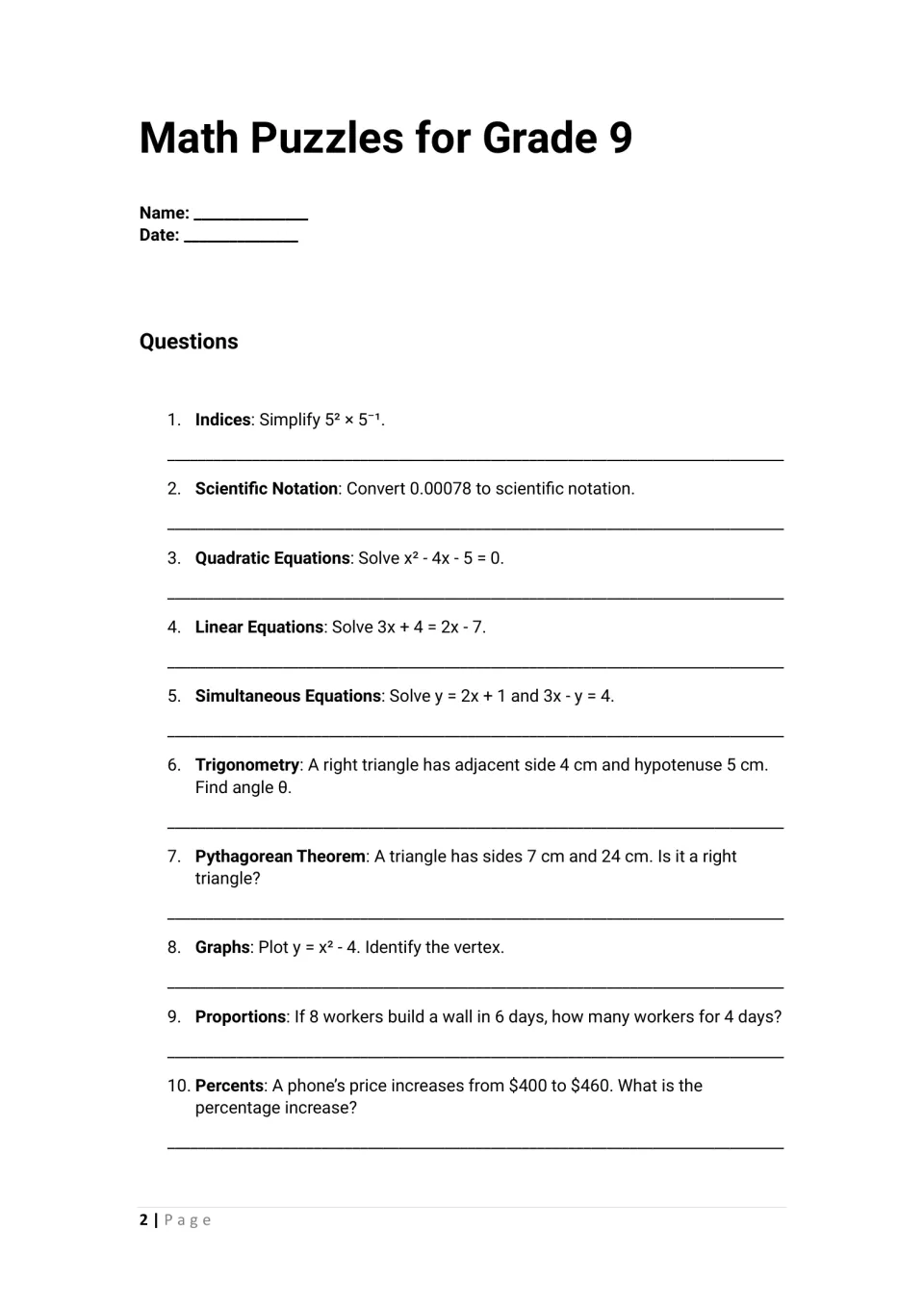 Grade 9 math puzzles 1-10: students simplify indices, write scientific notation, solve quadratics and find percent increase