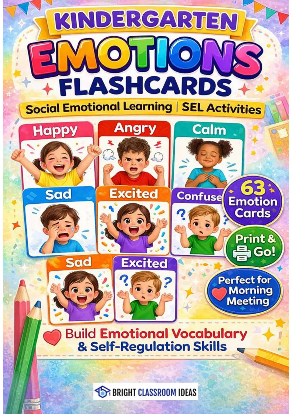 Emotions flashcards cover: 63 emotion cards showing children labeled Happy, Angry, Calm, Sad, Excited and Confused