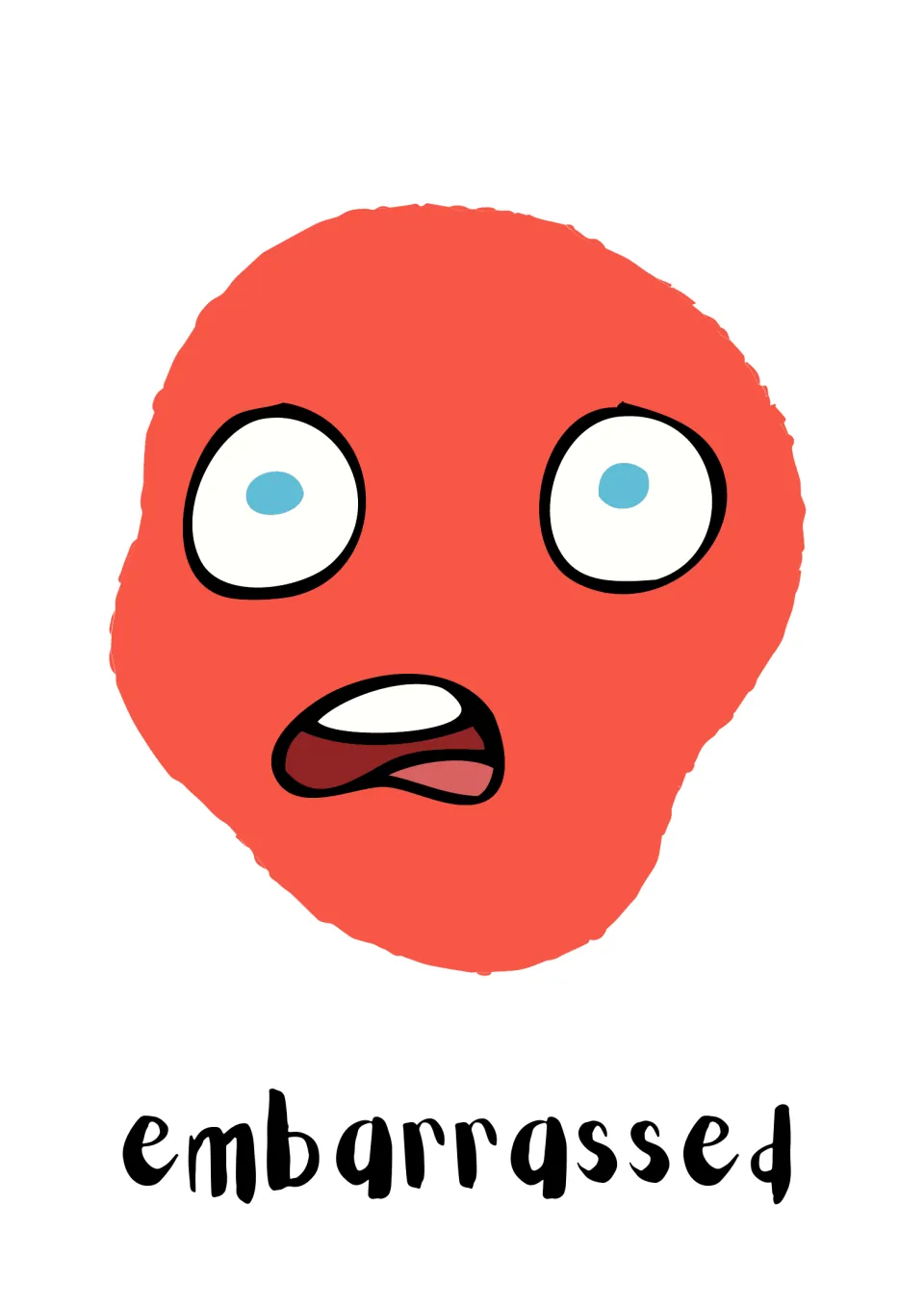 Embarrassed emotion card: red-orange face with wide eyes and open, awkward mouth, labeled embarrassed for naming feelings