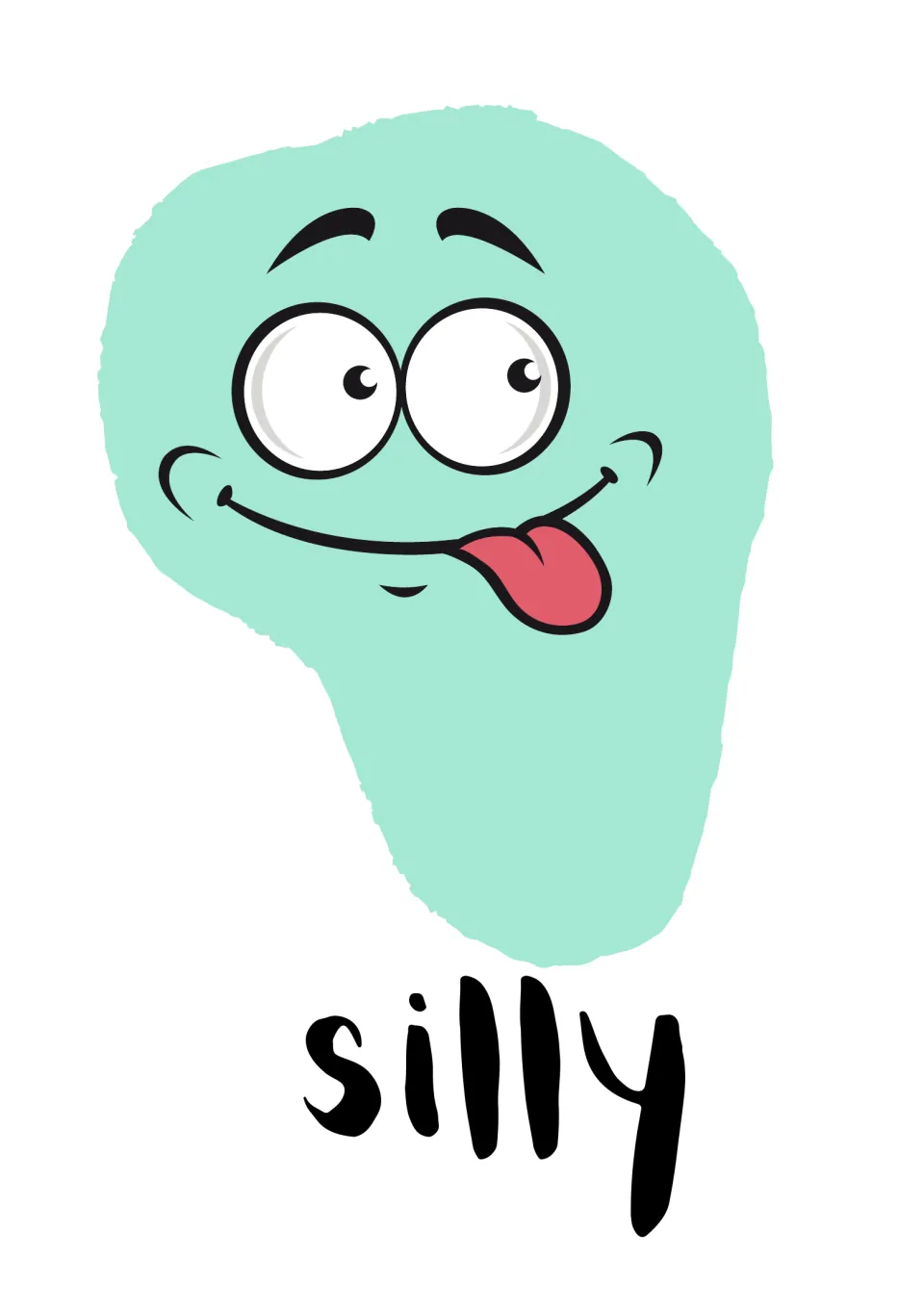 Silly feeling card: mint green face grinning with its tongue sticking out above the word silly to identify playful moods