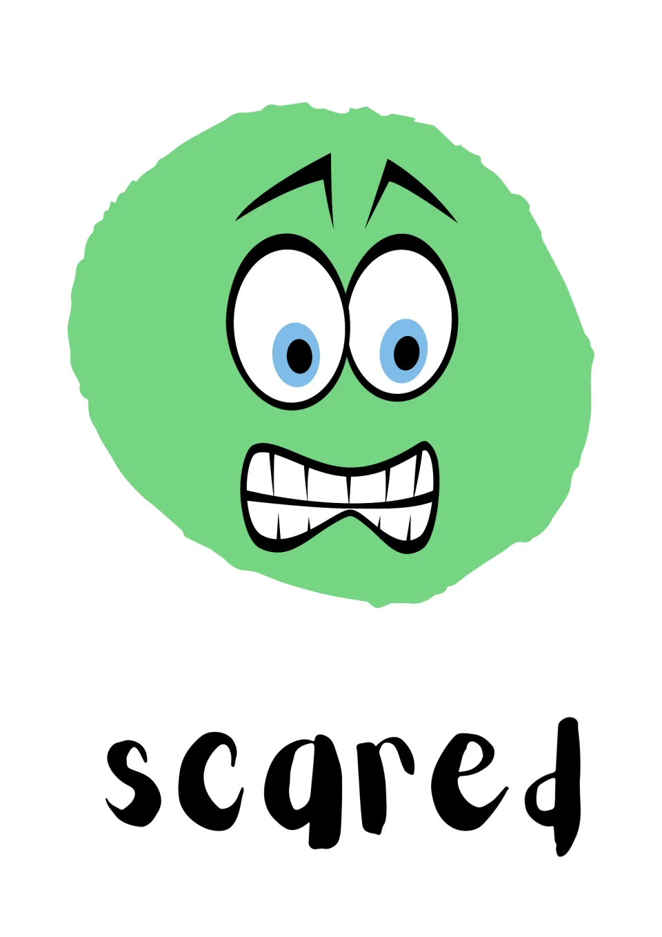 Scared feeling card: green face with wide eyes, tense brows and clenched wavy teeth above the word scared to name fear