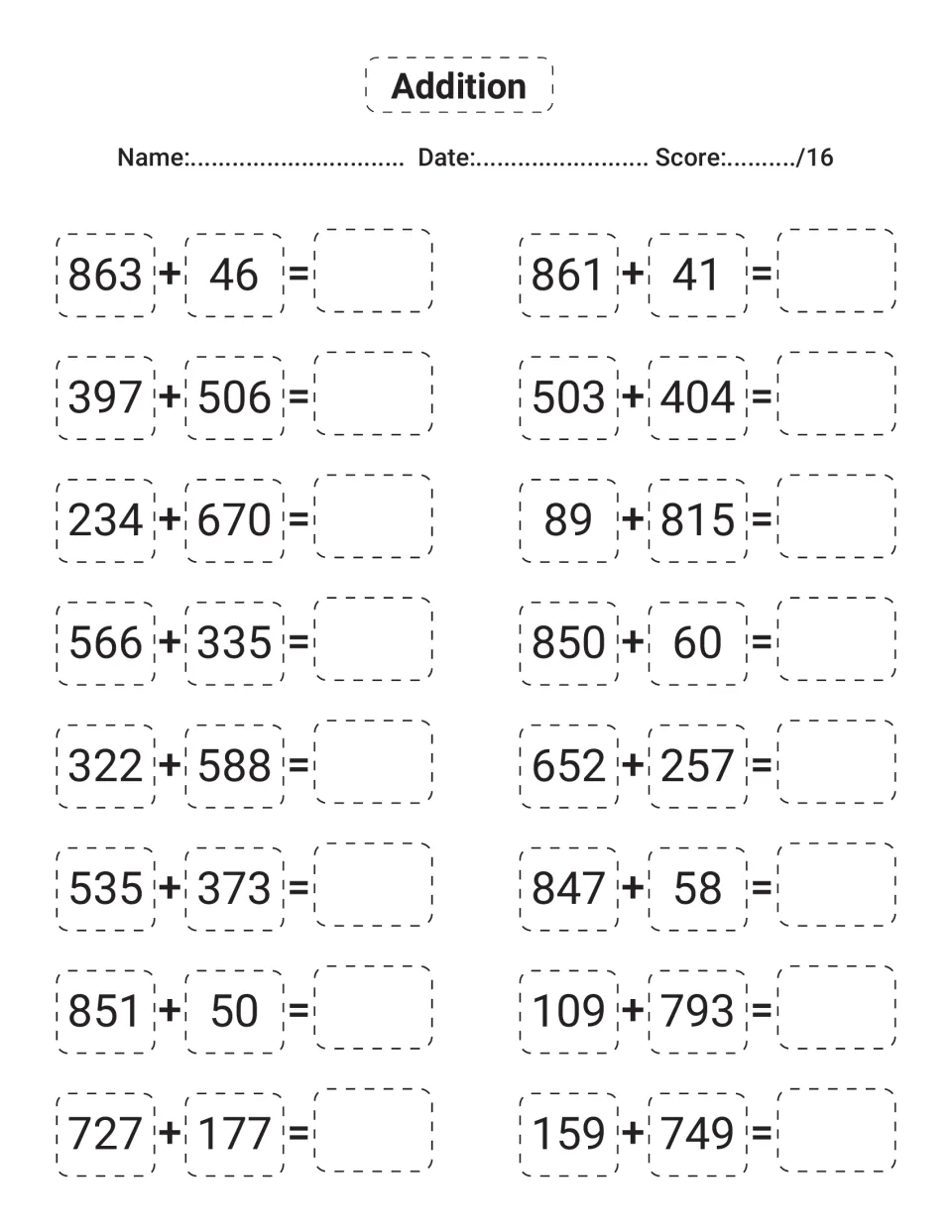 Adding two- and three-digit numbers: students find 16 totals such as 863 + 46, 397 + 506 and 861 + 41, carrying as needed