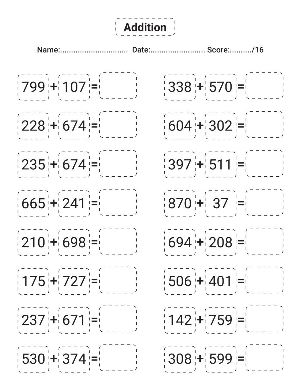 Multi-digit addition practice: students regroup to solve 16 problems like 799 + 107, 228 + 674 and 338 + 570