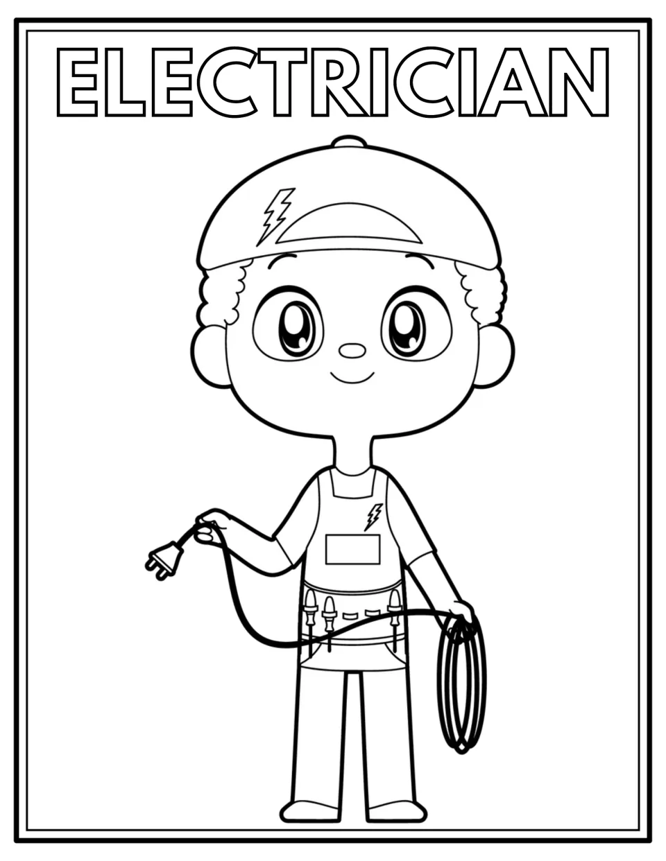 Electrician coloring page: students color a smiling electrician in a lightning-bolt cap holding a plug and coiled cord