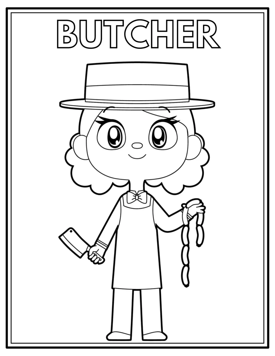 Butcher coloring page: students color a butcher in a flat-brim hat and bow tie holding a cleaver and a string of sausages