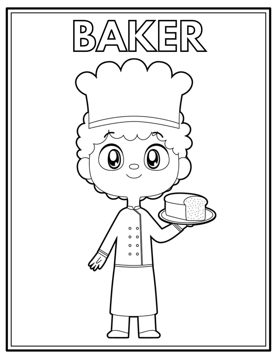 Baker coloring page: students color a baker in a tall hat and double-breasted jacket carrying a plate with a loaf of bread