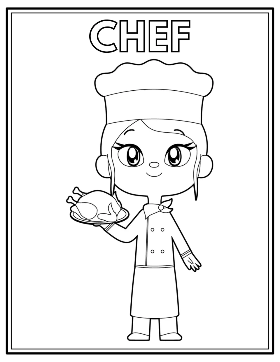 Chef coloring page: students color a chef in a tall hat and neckerchief holding a roast chicken on a serving platter