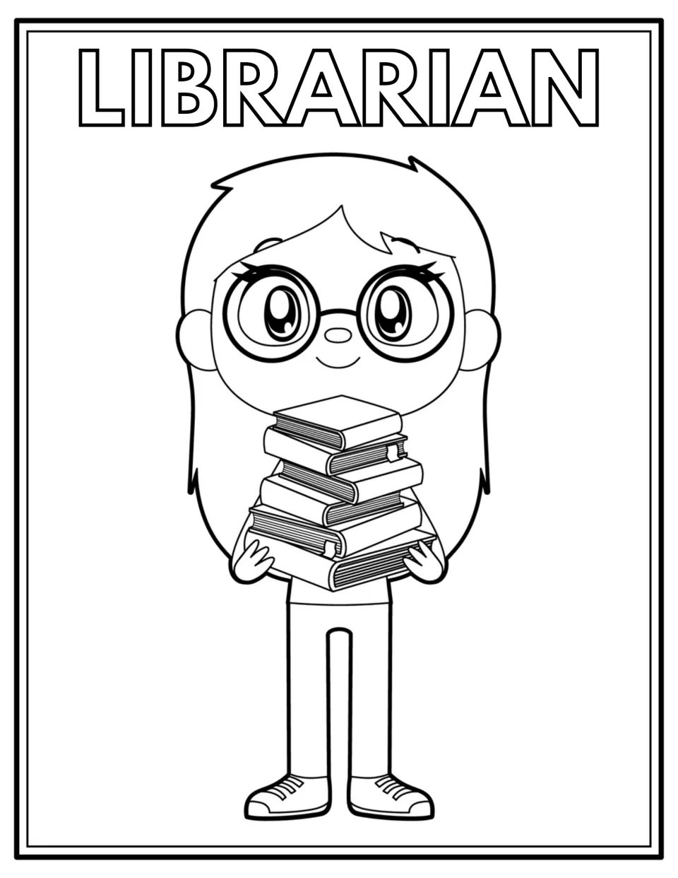 Librarian coloring page: students color a librarian with round glasses carrying a tall stack of books in both arms