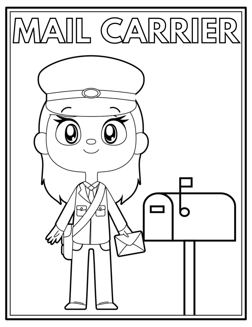 Mail carrier coloring page: students color a mail carrier in a cap with a shoulder bag and letter next to a mailbox