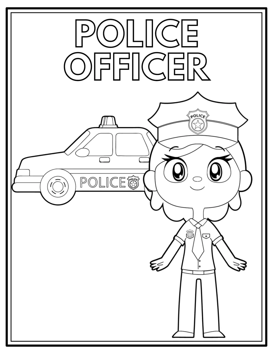 Police officer coloring page: students color an officer in a badged hat, shirt and tie standing in front of a police car