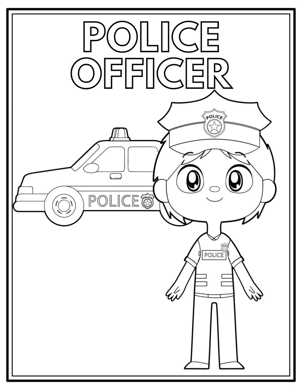 Police officer coloring page: students color an officer in a vest labeled POLICE and badged hat beside a patrol car