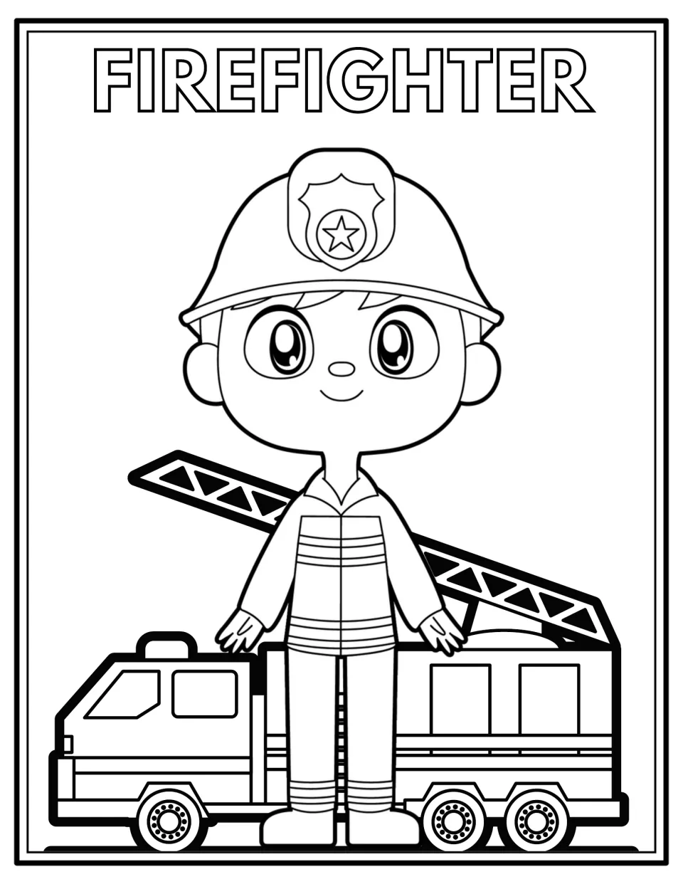 Firefighter coloring page: students color a firefighter in a star-badge helmet and striped coat before a ladder fire truck