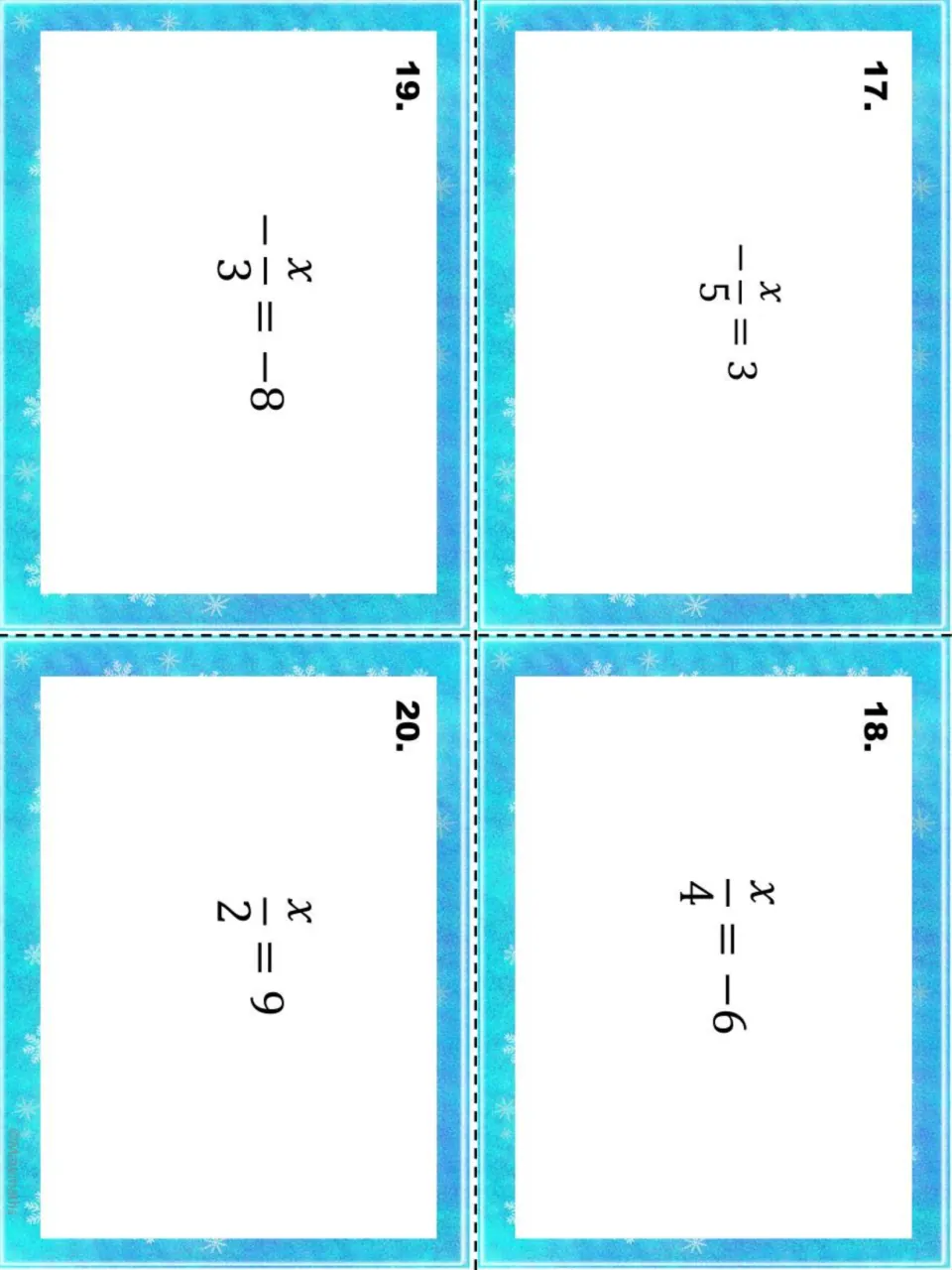 Winter task cards 17-20 with one-step division equations: -x/5 = 3, x/4 = -6, -x/3 = -8 and x/2 = 9