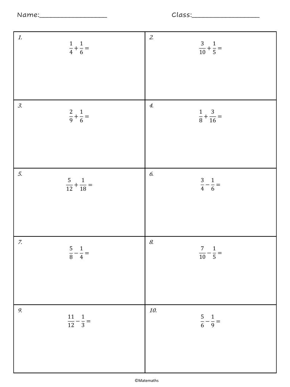Adding and subtracting fractions with unlike denominators: students solve problems 1-10, such as 1/4 + 1/6 and 5/6 - 1/9