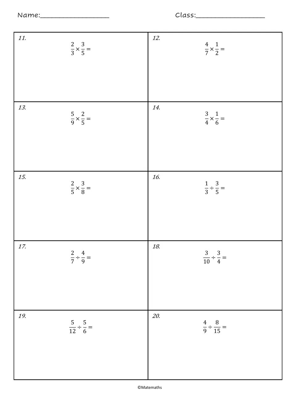 Multiplying and dividing fractions: students solve problems 11-20, from 2/3 × 3/5 to 4/9 ÷ 8/15, showing work for each