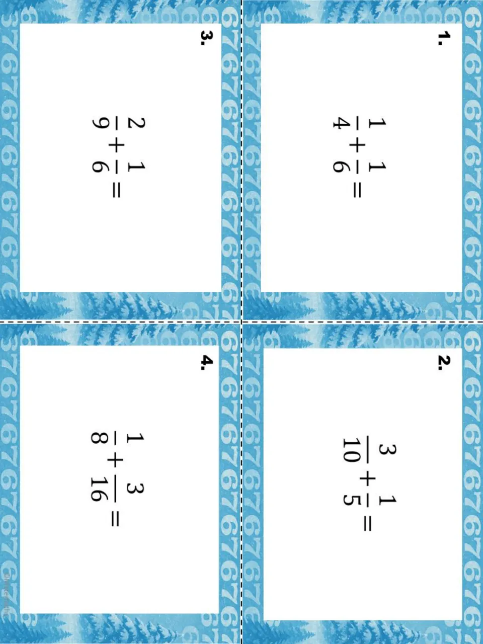 Winter 67 fraction addition task cards 1-4: students solve 1/4 + 1/6, 3/10 + 1/5, 2/9 + 1/6 and 1/8 + 3/16