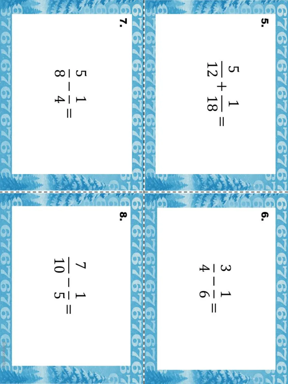 Fraction task cards 5-8: one addition card, 5/12 + 1/18, and subtraction cards 3/4 - 1/6, 5/8 - 1/4 and 7/10 - 1/5