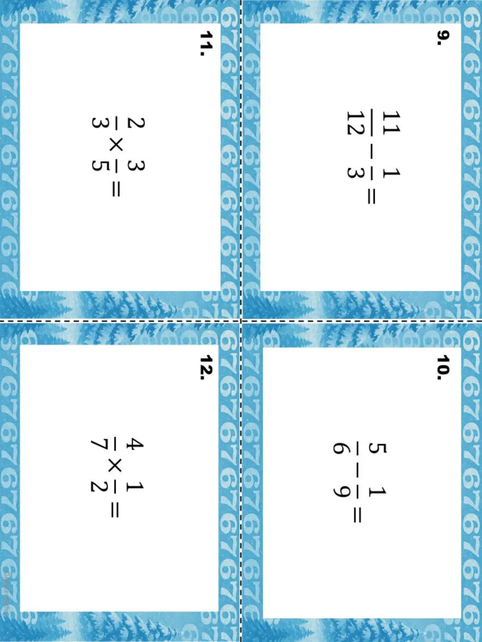 Fraction task cards 9-12: subtracting 11/12 - 1/3 and 5/6 - 1/9, then multiplying 2/3 × 3/5 and 4/7 × 1/2