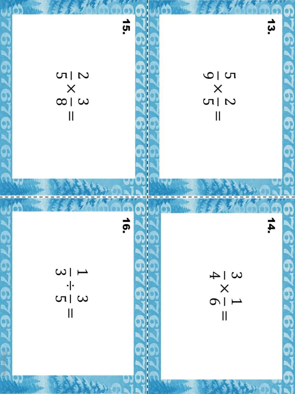 Fraction task cards 13-16: multiplying 5/9 × 2/5, 3/4 × 1/6 and 2/5 × 3/8, plus dividing 1/3 ÷ 3/5