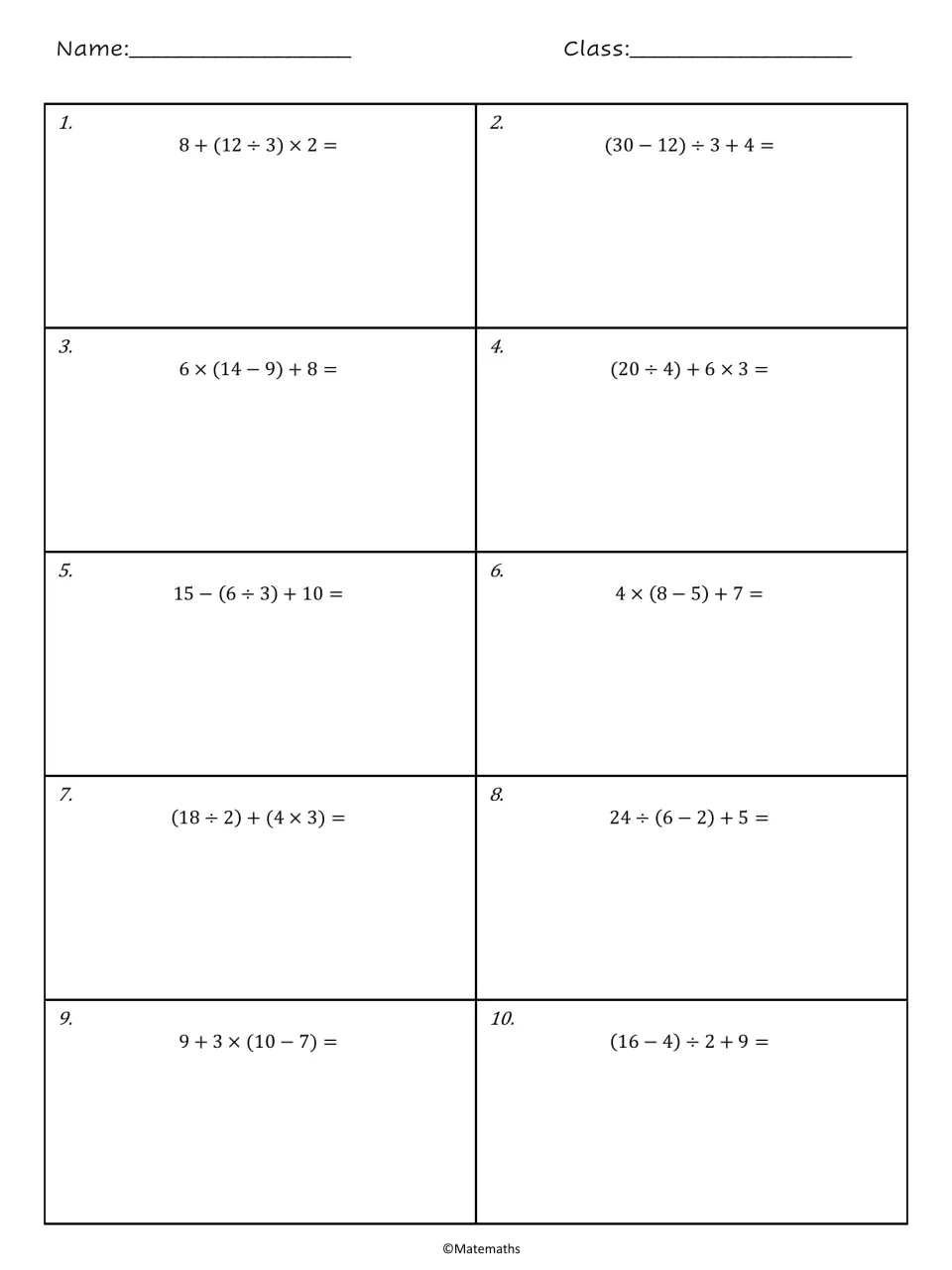 Order of operations problems 1-10: students evaluate expressions with parentheses such as 4 × (8 − 5) + 7