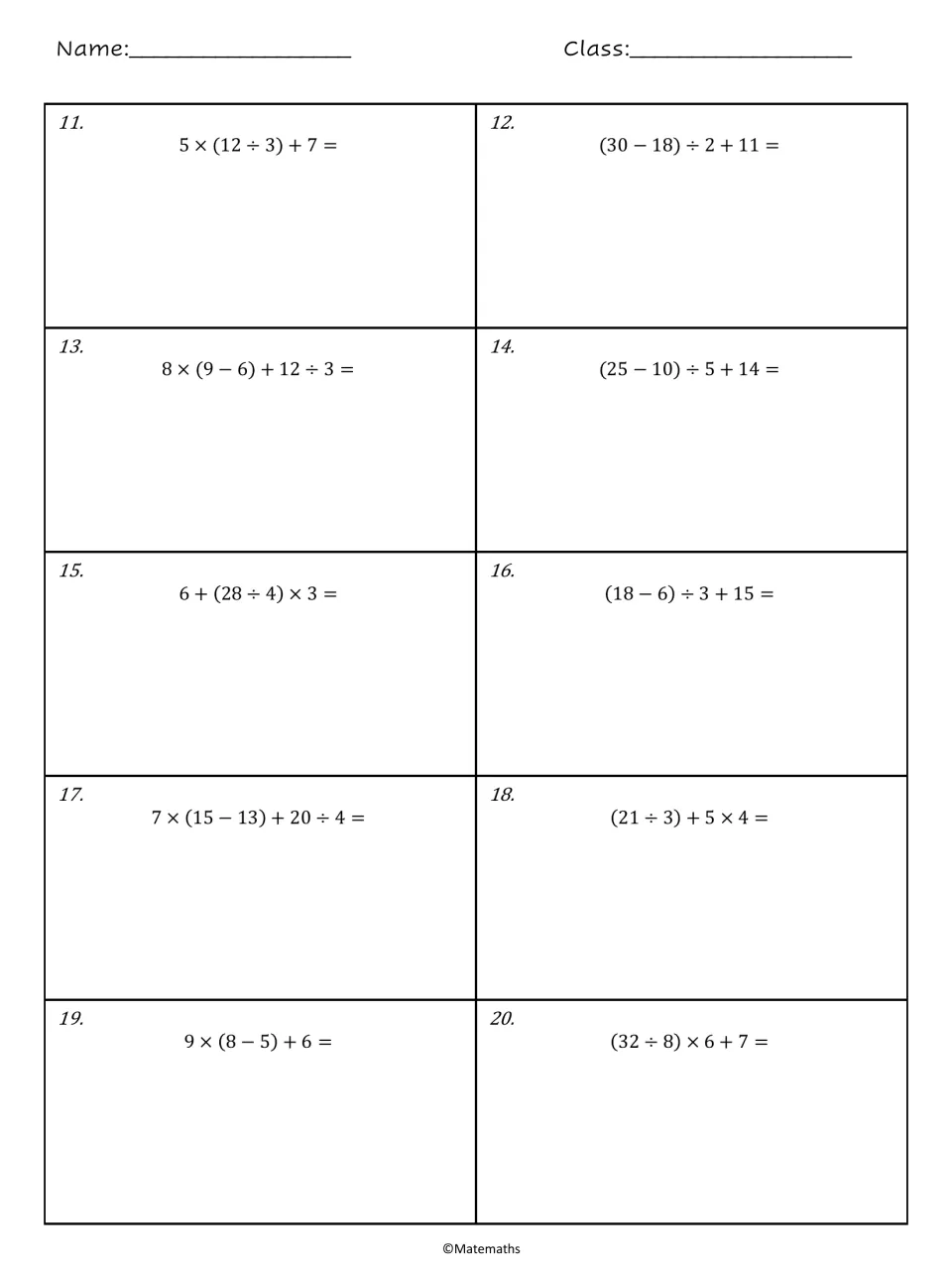 Order of operations problems 11-20: students solve expressions using all four operations, such as 7 × (15 − 13) + 20 ÷ 4
