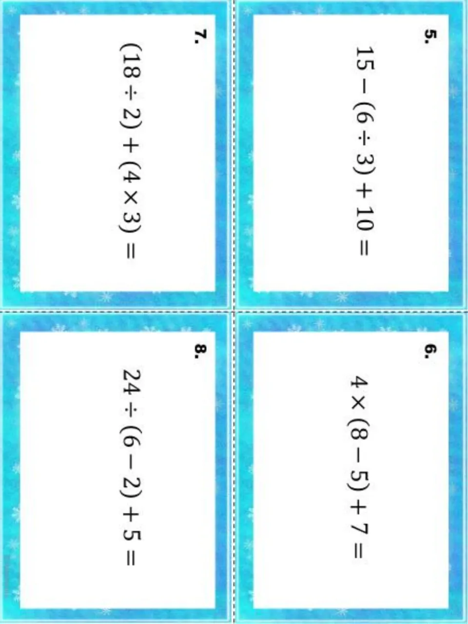 Task cards 5-8: students simplify expressions with parentheses, including 15 − (6 ÷ 3) + 10 and 24 ÷ (6 − 2) + 5