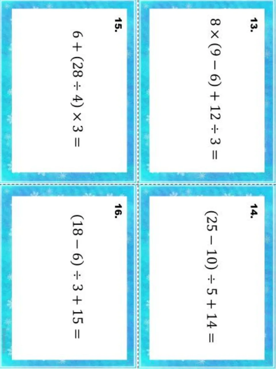 Task cards 13-16: students evaluate multi-step expressions like 8 × (9 − 6) + 12 ÷ 3 and (18 − 6) ÷ 3 + 15
