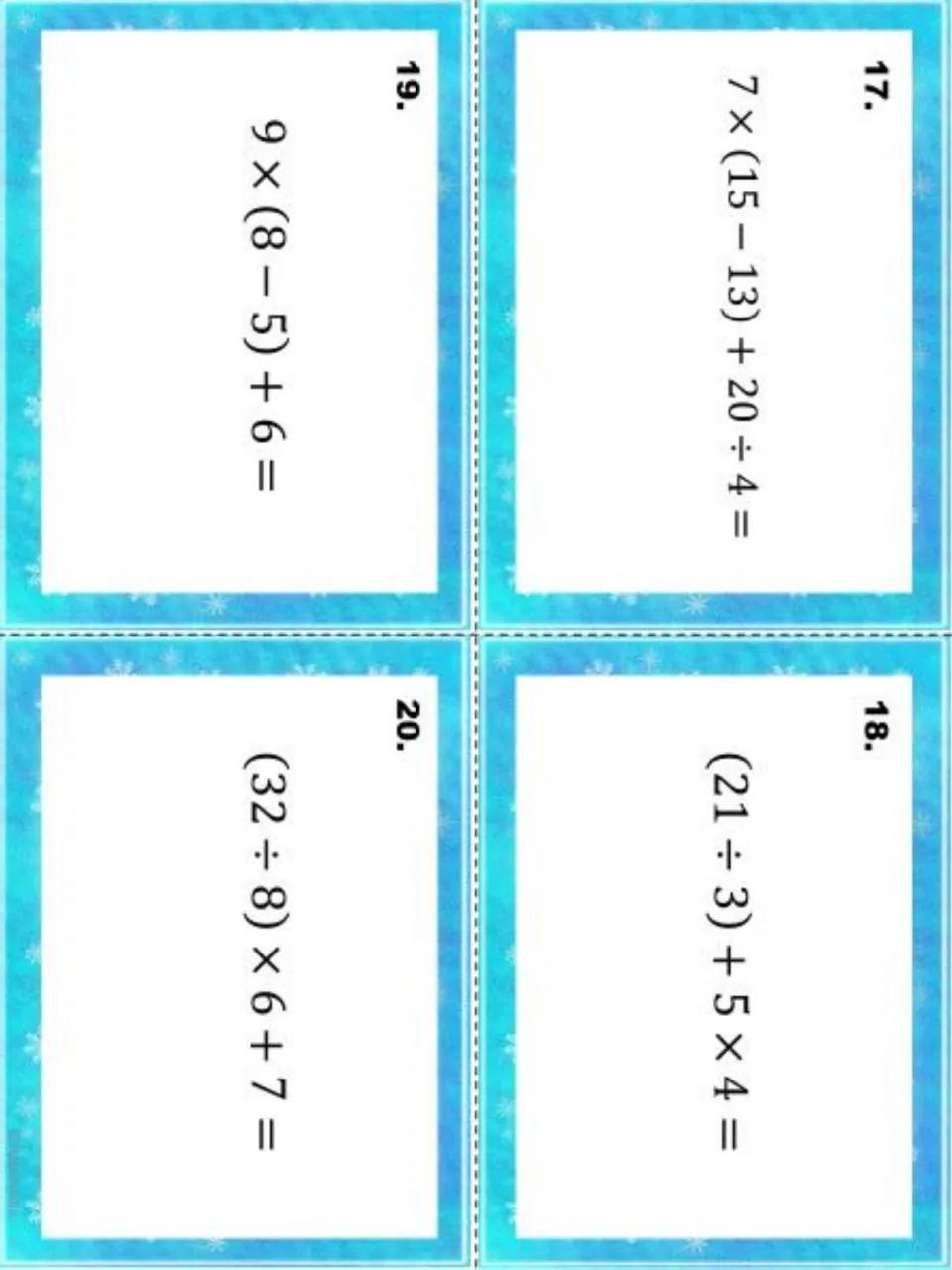 Task cards 17-20: students solve the final expressions, including (21 ÷ 3) + 5 × 4 and (32 ÷ 8) × 6 + 7