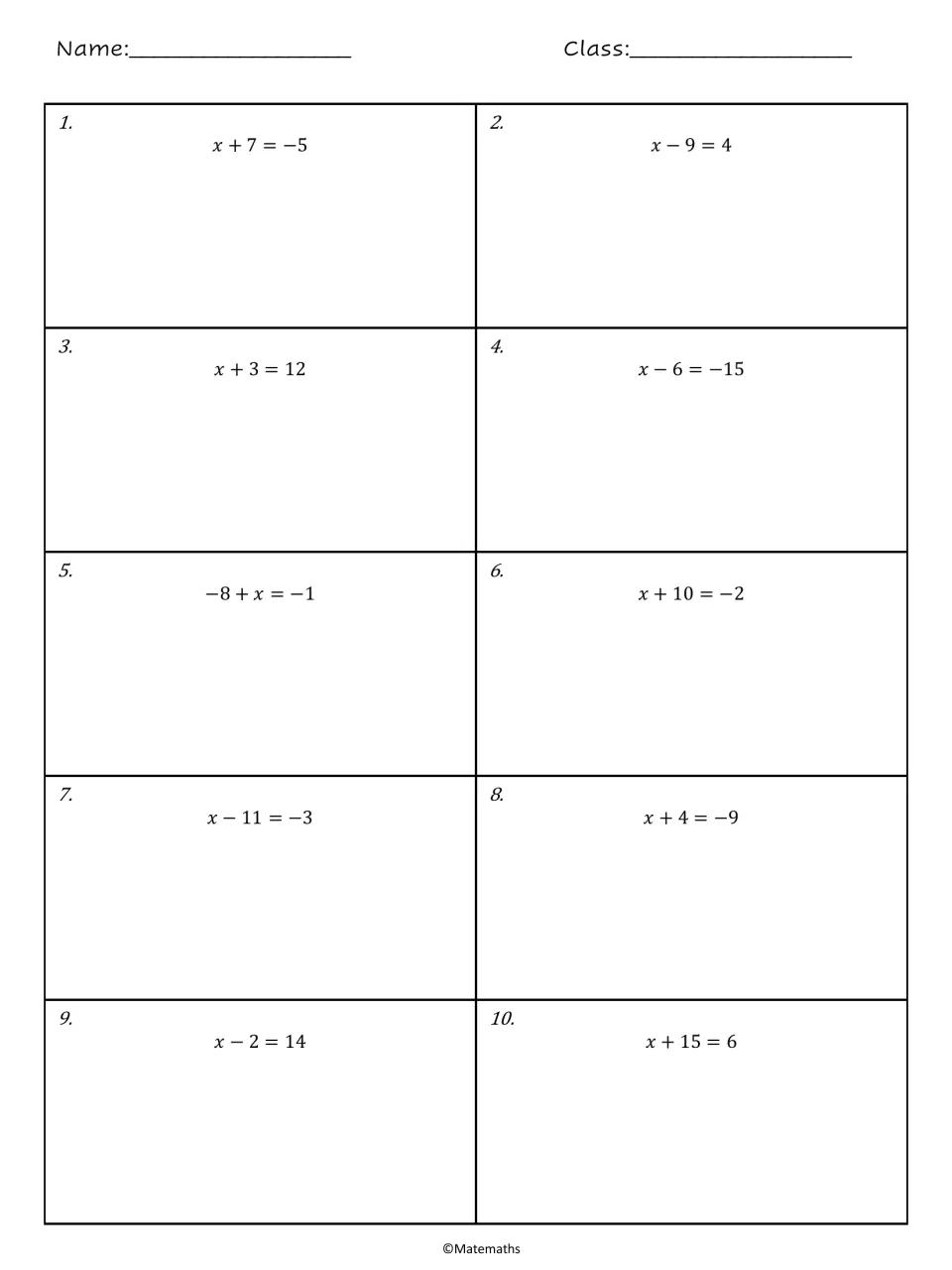 One-step equation worksheet, problems 1–10: addition and subtraction equations including x + 7 = −5