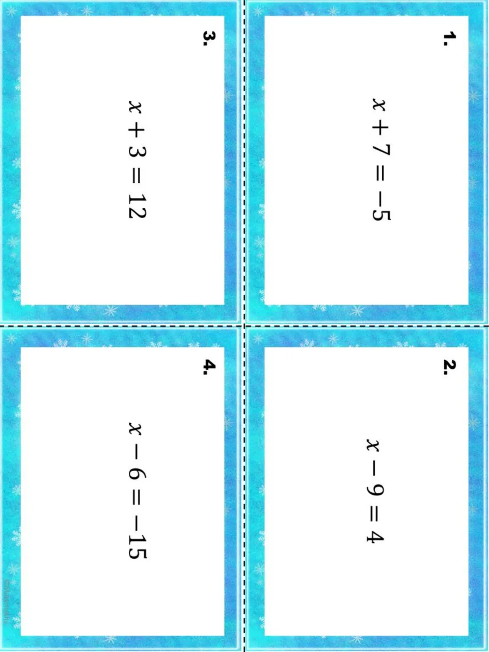 One-step equation cards 1–4 of 20: x + 7 = −5, x − 9 = 4, x + 3 = 12, and x − 6 = −15