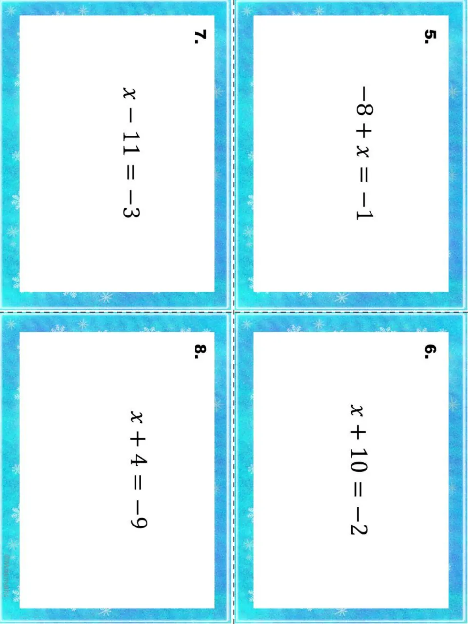 One-step equation cards 5–8 of 20: −8 + x = −1, x + 10 = −2, x − 11 = −3, and x + 4 = −9
