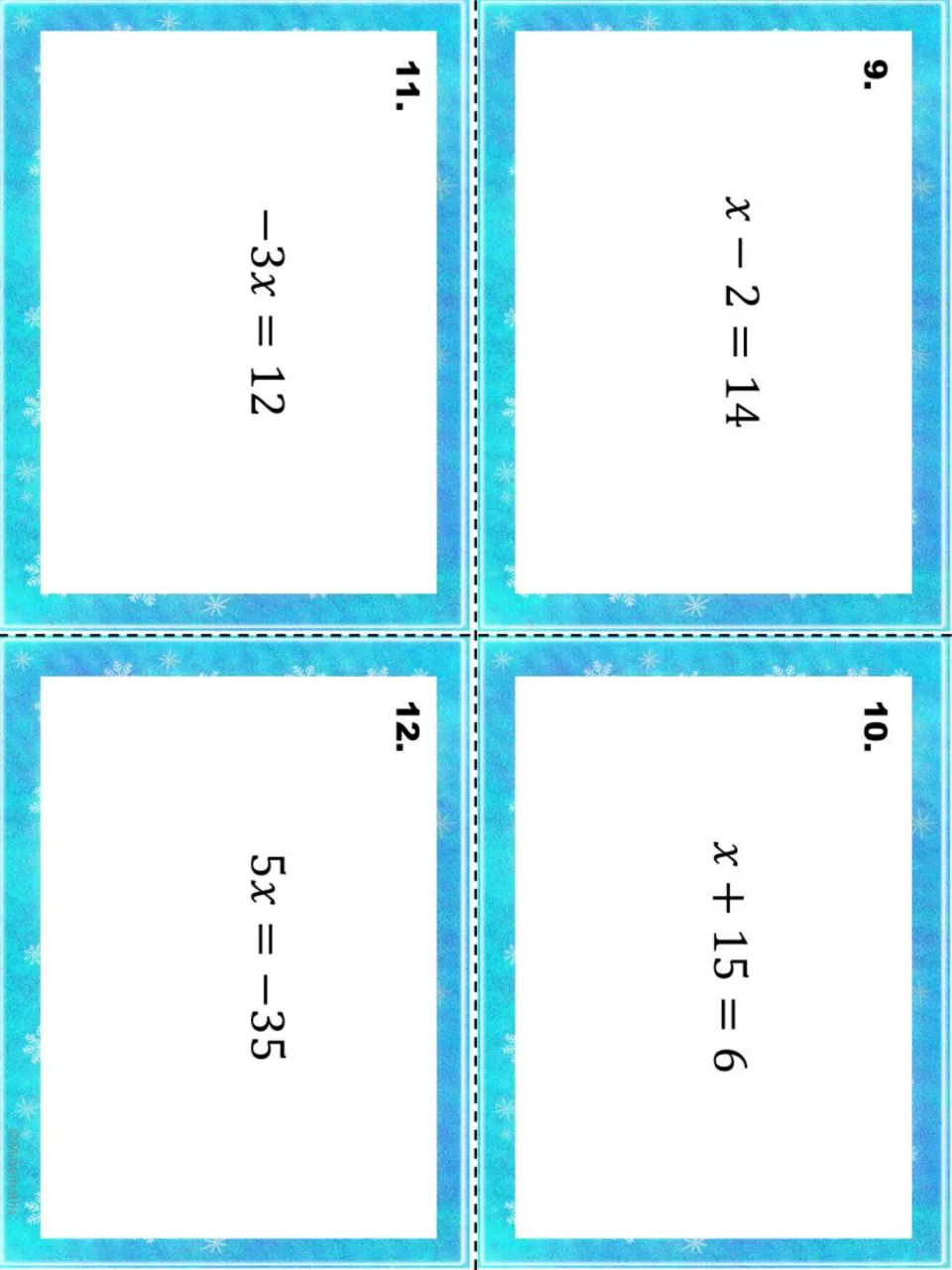 One-step equation cards 9–12 of 20: x − 2 = 14, x + 15 = 6, −3x = 12, and 5x = −35
