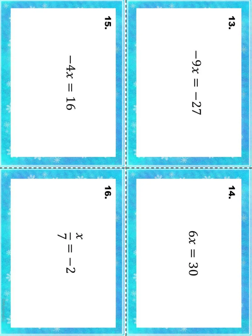 One-step equation cards 13–16 of 20: −9x = −27, 6x = 30, −4x = 16, and x/7 = −2