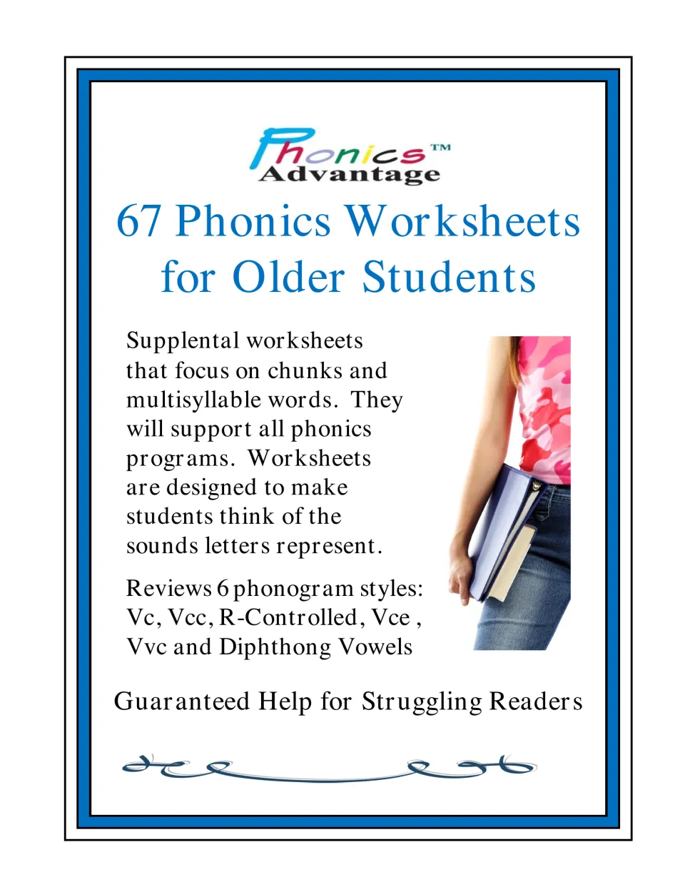 67 Phonics Worksheets for Older Students cover: chunks, multisyllable words and 6 phonogram styles from Vc to diphthongs