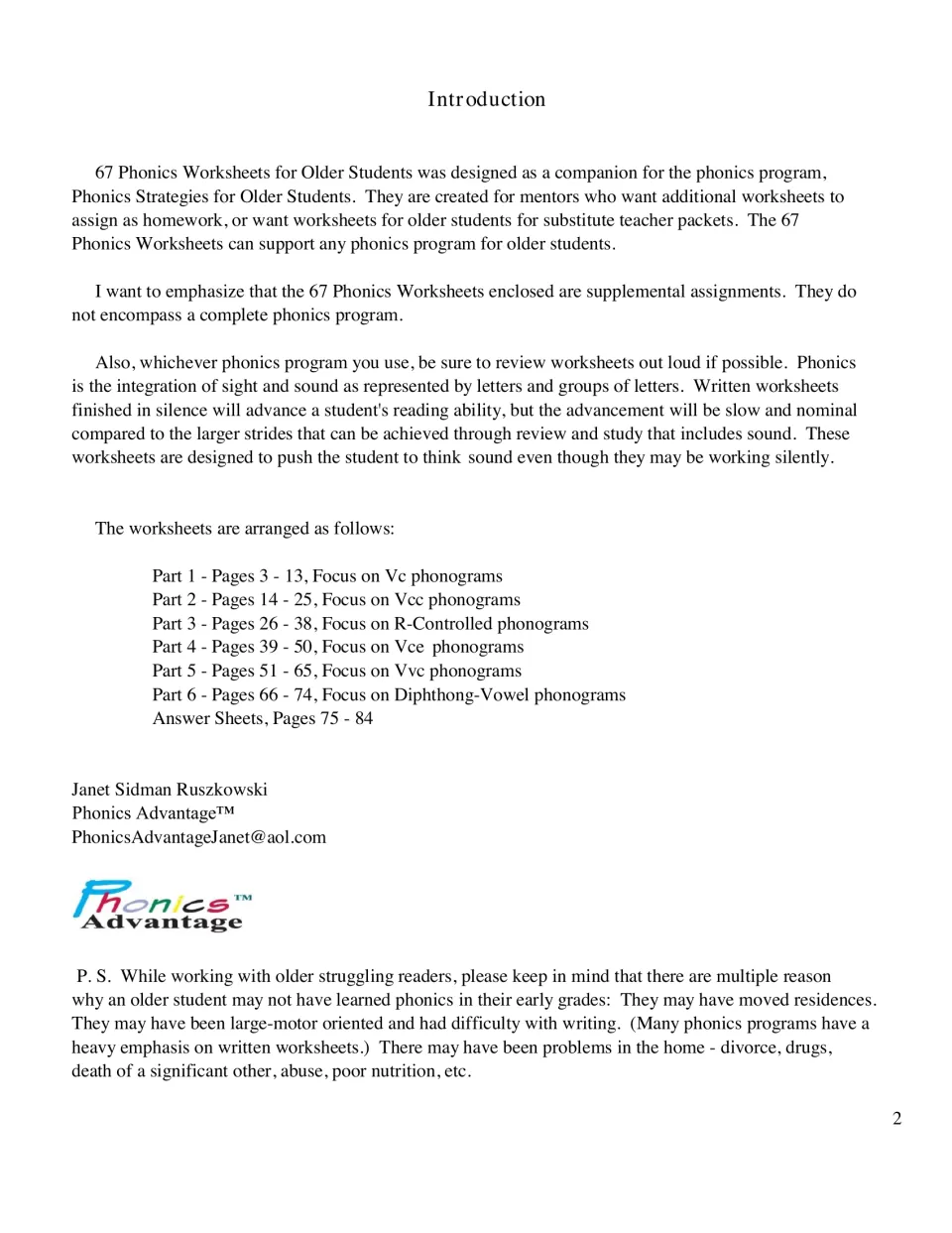 Introduction for mentors: homework use, reading aloud, and a contents list of Parts 1 to 6 plus answer sheets