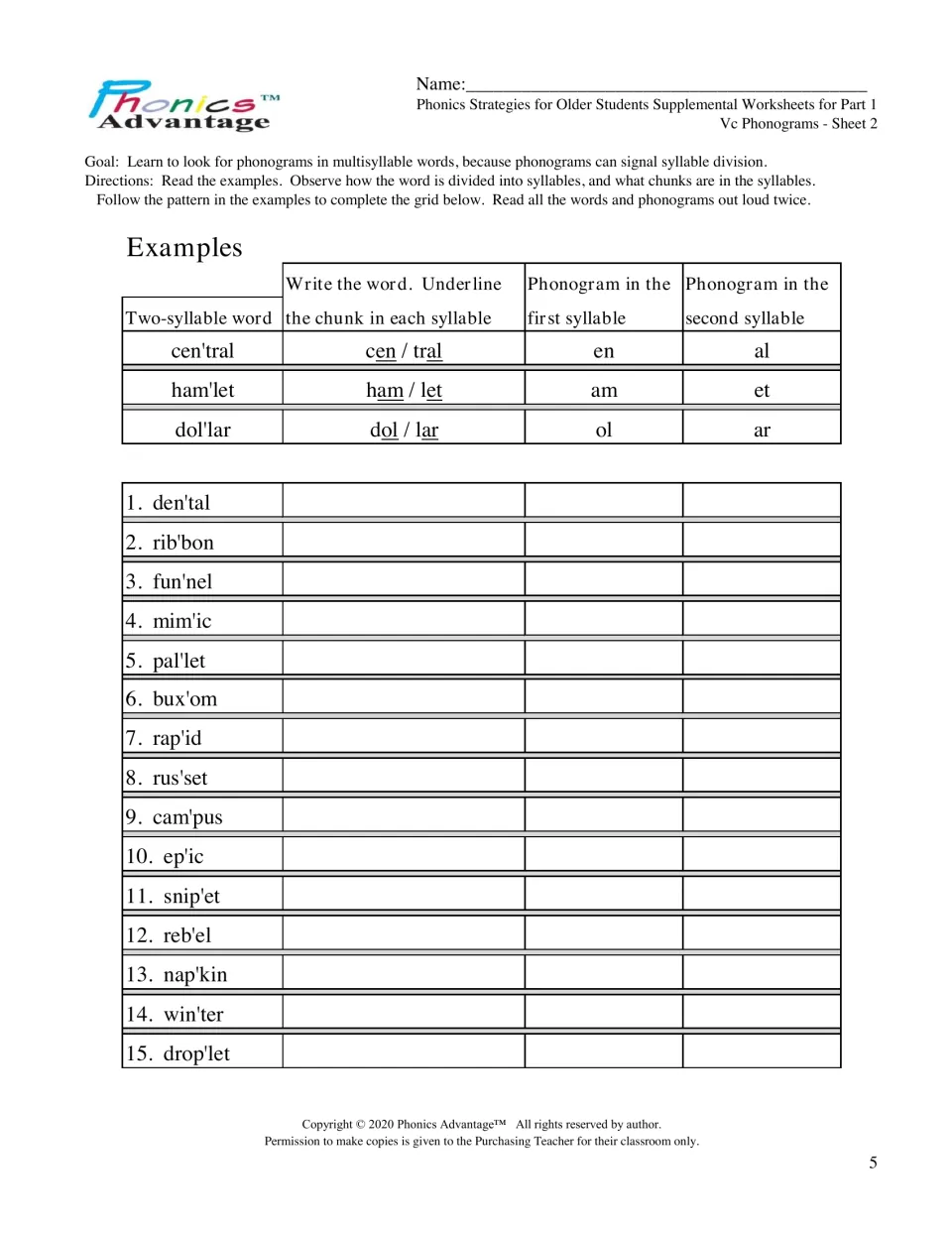 Vc phonograms, Sheet 2: students divide words like den'tal, nap'kin and drop'let and write each syllable's phonogram