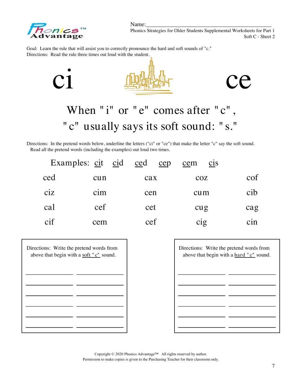 Soft c with pretend words: students underline ci or ce in nonsense words like ciz and cug, then sort soft and hard c
