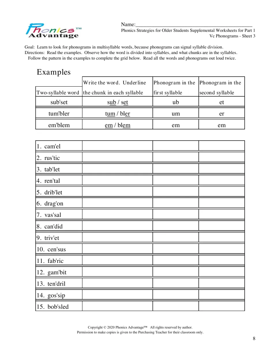 Vc phonograms, Sheet 3: splitting words such as cam'el, fab'ric and bob'sled into syllables and naming both phonograms