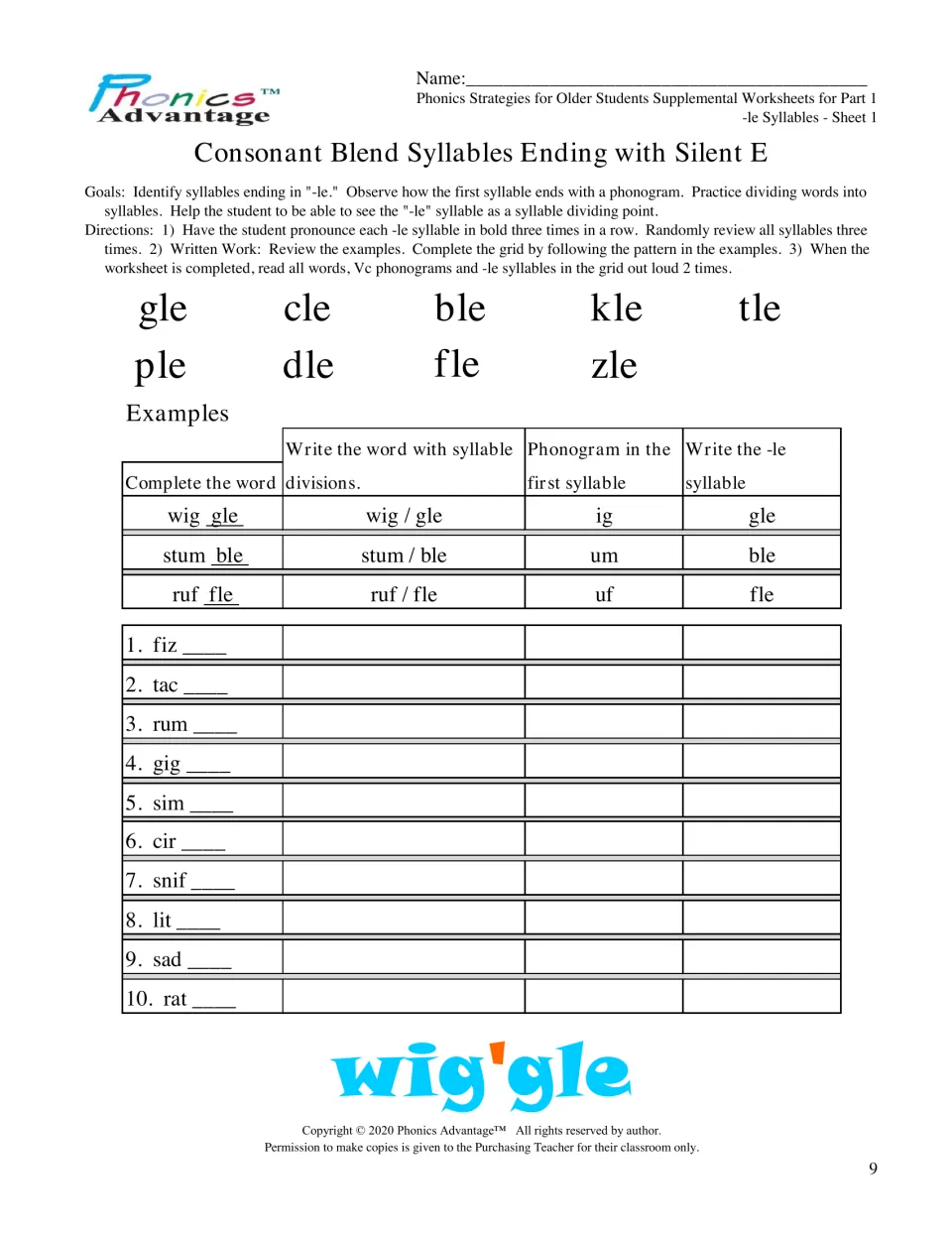 -le syllables: students finish words like fiz and sad with -le endings, split them and name the Vc phonogram