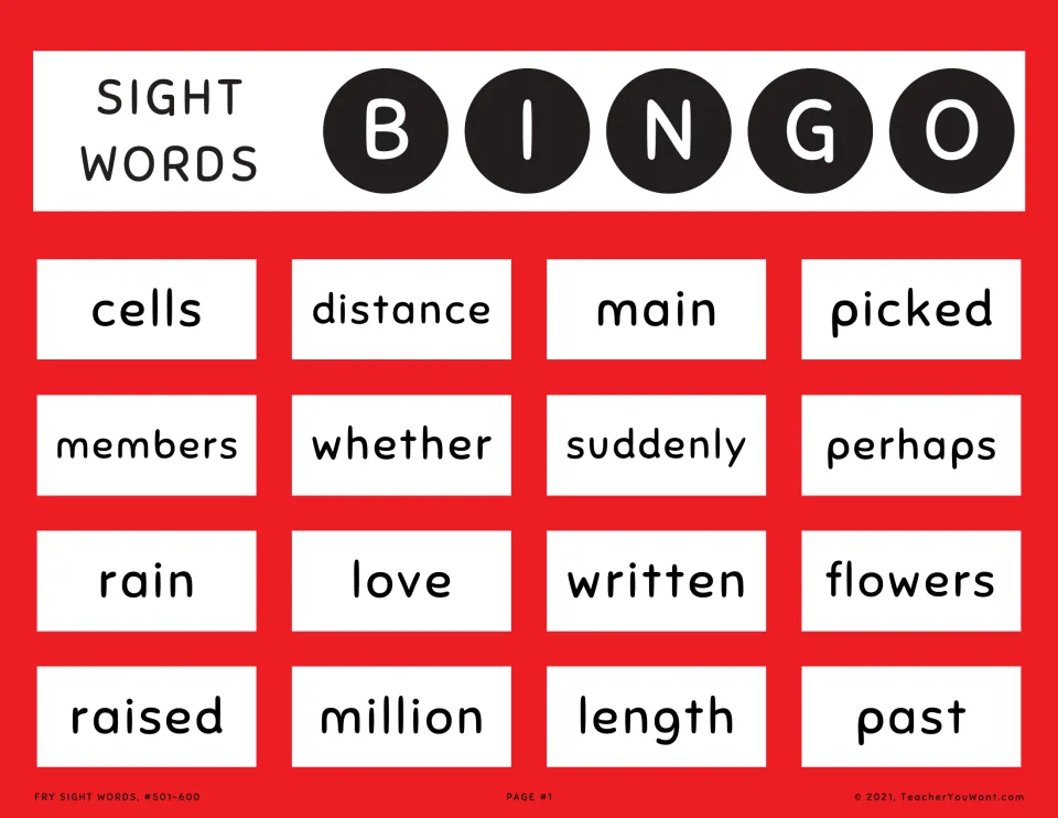 Sight Words Bingo card 1, Fry words 501-600: students mark called words like cells, distance, suddenly and perhaps